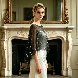 Sheer mesh cape with delicate white floral embroidery, elegant evening party shawl for women detail
