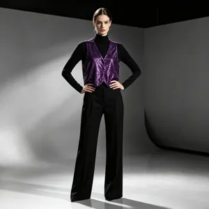 Women purple sequin vest layered chic black top trousers party stylish elegant apparel