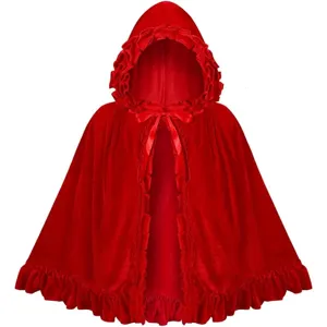 Red velvet hooded cape detail, ruffled edge design, perfect for cosplay costumes and holiday events.