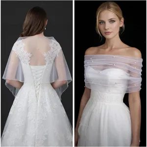 Women Bridal Shawl Off Shoulder Beaded Cape Wedding Veil Polyester Elegant Arm Covering Wrap Capelet