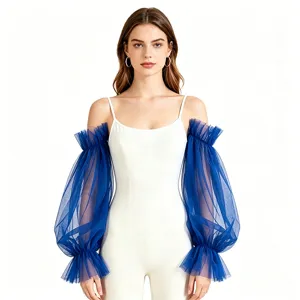Close up of royal blue sheer tulle mesh sleeves, detachable arm cover, stylish ruffle cuffs.