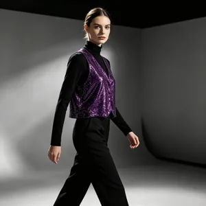 Women's purple sequin vest, chic commuter sleeveless layering top for party and office.