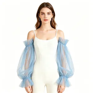 Sheer blue mesh puff sleeve detail, lightweight sheer tulle arm cover for women fashion.