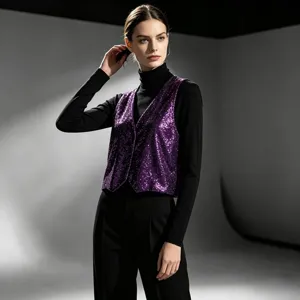 Detail view of the purple sequin vest, showcasing shiny finish and elegant design for party wear.