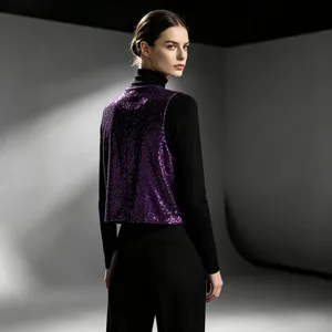 Women purple sequin vest chic office party layering shiny sleeveless top outerwear detail
