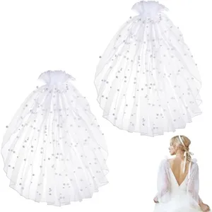 Detachable bridal shoulder sleeves with pearls, elegant mesh tulle sleeve covers for wedding.