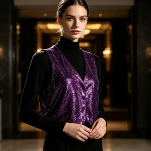 Purple sequin vest women V-neck sparkly waistcoat party clubwear elegant chic outerwear top