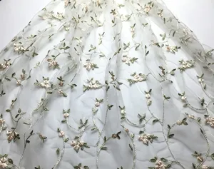 Embroidered mesh fabric detail, sheer tulle with vine and floral pattern, elegant lace material.