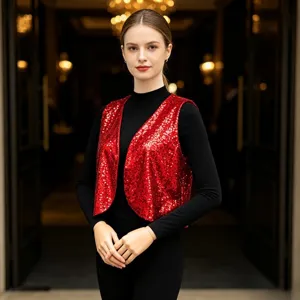 Women red sequin vest stylish party cardigan elegant commuting glitter outerwear apparel shiny clothing.