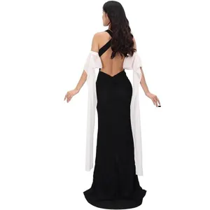Detail view of the flowing white chiffon sleeves and backless design of the elegant gothic dress.