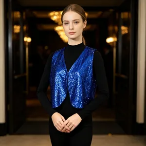 Detail shot of a vibrant blue sequin vest worn over a black turtleneck, party fashion.