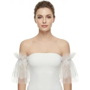 White lace mesh bridal false sleeves detail, elegant detachable arm cover for wedding gown.