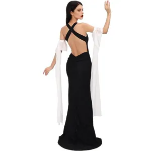 Black backless long evening dress with white chiffon sleeves flowing arm covers gothic style