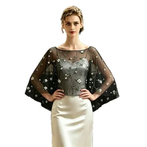 Elegant women's black mesh cape shawl with delicate white vine embroidery, perfect for evening wear.