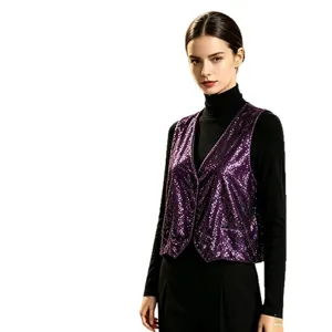 Women's Purple Sequin Vest V-Neck Open Front Cardigan Glitter Party Clubwear Outerwear