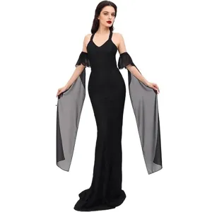 Gothic black chiffon sleeve long flowing dress stage performance arm decoration apparel details