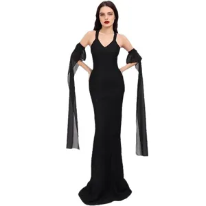Elegant black long evening dress with sheer chiffon sleevelets, perfect gothic party wear.