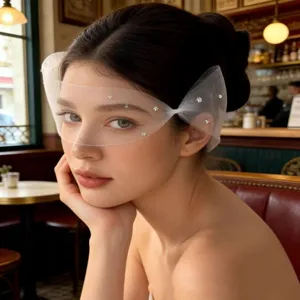 French bridal short veil sheer mesh rhinestone embellished wedding hair accessory for women