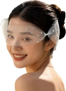 French bridal short sheer tulle veil with sparkling rhinestones and hair comb detail.