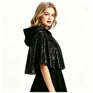 Cape a capuche noire a sequin pour femme court manteau de fete cosplay gothique vetement