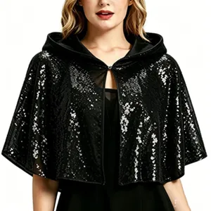 Femme cape a capuchon sequins court double couche noir sorciere cosplay costume soiree
