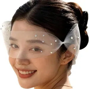 French bridal short veil sheer tulle rhinestones embellished wedding hair accessory stylish