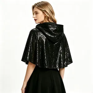 Cape a capuche a paillettes noires pour femmes courte double couche cosplay sorciere