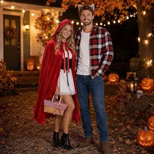 Halloween couple costume set featuring red hooded velvet cape and plaid flannel shirt.