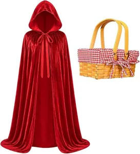 Red velvet hooded cloak with basket for Halloween cosplay costume, long cape party dress up.