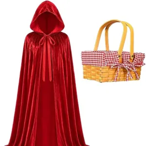 Red velvet hooded cloak with picnic basket set for Halloween cosplay costume party events.