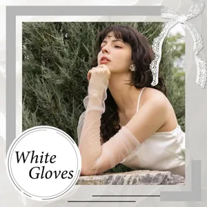 Sheer white tulle opera gloves for bridal wedding, elegant stretch mesh arm sleeves.