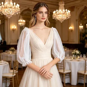 Maniche a palloncino in tulle trasparente stile francese con perle, maniche finte staccabili.
