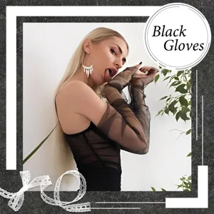 Sheer black opera gloves detail, transparent tulle mesh ruffles, elegant evening party arm sleeves.