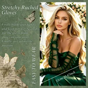 Detail view of green sheer ruched opera gloves, stretchy mesh sleeve, elegant wedding accessory.