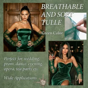 Green tulle opera gloves sheer pleated arm sleeves for wedding party evening events detail view