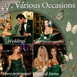 Sheer tulle ruched opera gloves detail, elegant green mesh sleeves for wedding party.