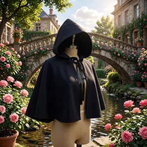 Cape courte noire à capuche pour cosplay et mode lolita vintage, détail de style jardin élégant.