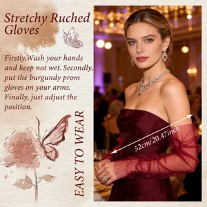 Stretchy ruched tulle gloves for bridal wedding, opera party, and elegant evening wear.