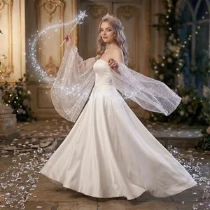 Detailed view of white off-shoulder wedding dress with detachable starry sheer mesh sleeves.