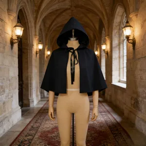 Courte cape noire à capuche rétro lolita gothique cosplay manteau châle vintage détail
