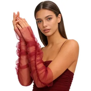 Burgundy sheer tulle ruffled arm sleeves, elegant opera gloves for bridal and tea party events.