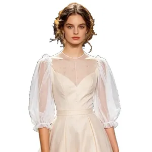 Eleganti maniche a palloncino in rete perlata da donna, maniche da sposa staccabili trasparenti.
