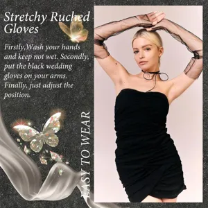 Stretchy sheer mesh long opera gloves for women, elegant black ruched sleeve arm covers.
