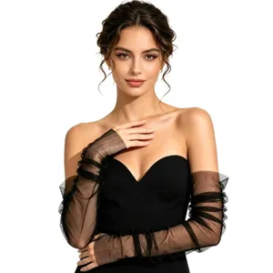 Black sheer mesh arm sleeves for bridal opera party, elegant long telescopic tulle gloves.