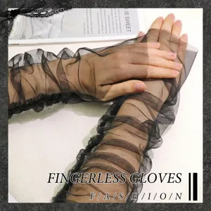 Detailed shot of black sheer mesh fingerless gloves, elegant ruffled opera sleeve design.