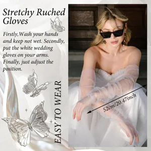 Detail shot of white sheer ruched bridal gloves, elegant arm sleeves for wedding and parties.