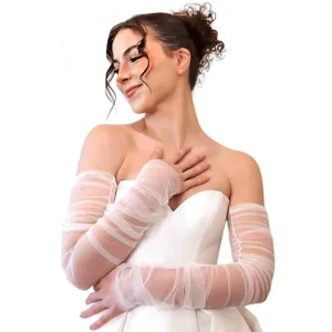Sheer white tulle ruffled opera sleeves detail, showing delicate pleated fabric and elegant fit.
