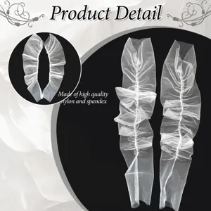 Sheer white tulle ruffled arm sleeves detail, stretch wedding opera gloves fabric close-up