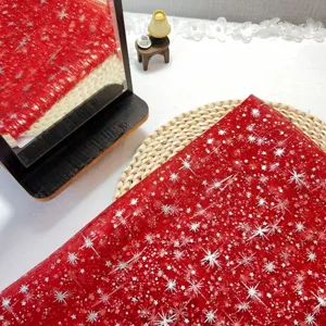 Red star mesh fabric sleeve tulle material featuring shiny silver glitter stars for diy sewing crafts.