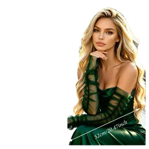 Bridal sheer tulle opera gloves dark green ruffled tea party arm sleeves for women